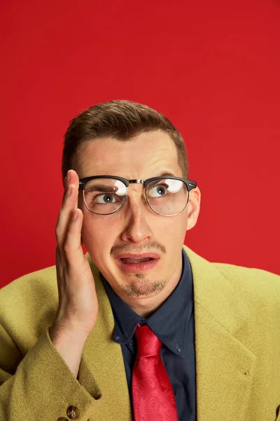 Portrait Young Man Stylish Jacket Glasses Posing Tired Emotive Face — Stock Photo, Image