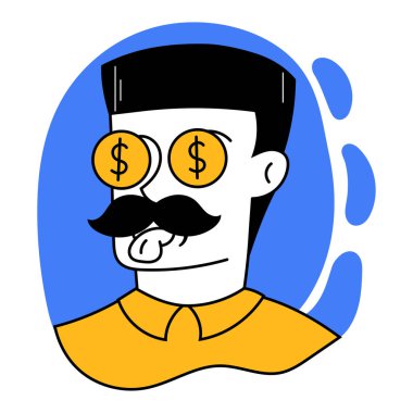 Finansal motivasyon ve büyüme. Vektör çizimi. Çalışan, bozuk para gözlü iş adamı. Başarı ve kazancı dört gözle bekliyorum. İş kavramı, finans, şirket geliştirme, strateji