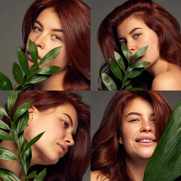 大学生活 柔嫩的红头发女人的画像 与树叶隔离在深灰色的背景下 美容美感 自然美容美感 头发和面部处理 化妆品 护理的概念 — 图库照片