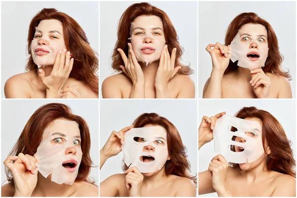 美髪の赤髪の女性は 保湿と白い背景に隔離されたマスクを活性化させて肌の世話をします 美しさ 顔と肌のケア 化粧品 天然化粧品の概念 コラージュ — ストック写真