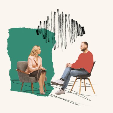 Çağdaş sanat. Olgun bir adam bir kadınla seans yapıyor, psikolog. Saplantılı düşünce ve sorunları açığa çıkarmak ve azaltmak. Psikoloji, terapi, ruh sağlığı, yardım, duygu kavramı