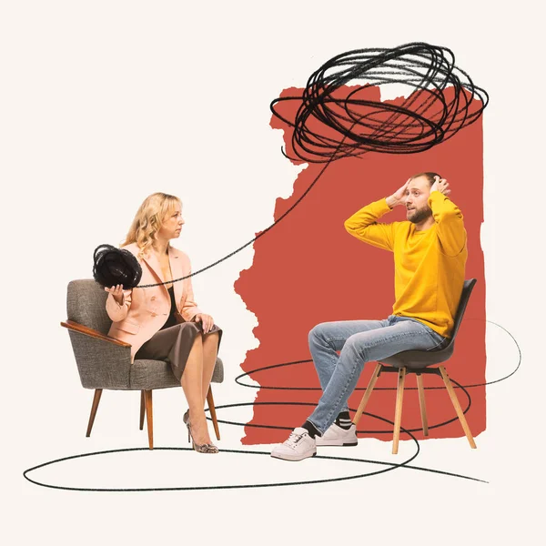 Collage Art Contemporain Psychologue Féminine Aidant Homme Organiser Des Pensées — Photo