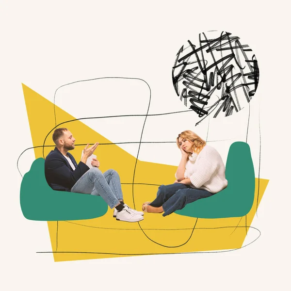 stock image Contemporary art collage. Man, psychologist talking with desperate woman, helping to reduce tangled thoughts. Concept of psychology, therapy, mental health care, assistance, emotions and feelings