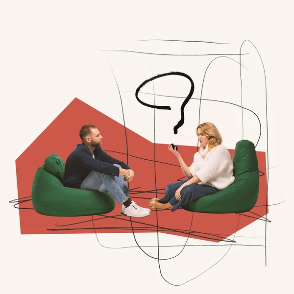 Colagem Arte Contemporânea Conversa Conforto Mulher Psicóloga Assistente Falando Livremente — Fotografia de Stock