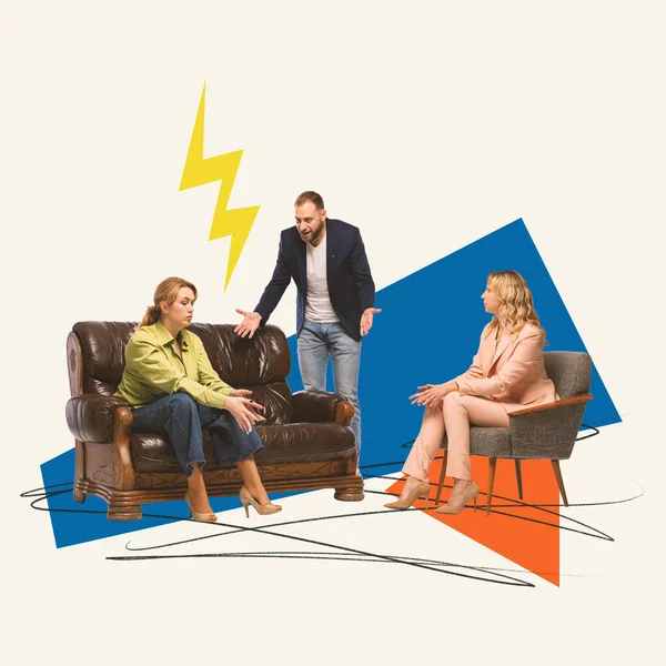 Stock image Contemporary art collage. Family quarrels. Couple attending psychologists to overcome aggression in marriage. Concept of psychology, therapy, mental health care, assistance, emotions and feelings