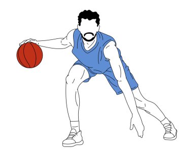 Erkek basketbol antrenman yapıyor, oynuyor, beyaz arka planda top sürüyor. Vektör çizimi. Spor, takım oyunu, başarı, rekabet, aksiyon ve hareket kavramı. Sanat