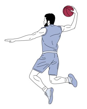 Beyaz arka planda zıplayan ve top fırlatan hareketli erkek basketbolunun yan görüntüsü. Vektör çizimi. Spor kavramı, takım oyunu, başarı, rekabet, eylem, hareket