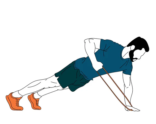 身强体壮 肌肉发达 带着运动器材 带着弹性带 在白色背景上做手工锻炼 矢量图解 行动和运动 生活方式的概念 — 图库矢量图片
