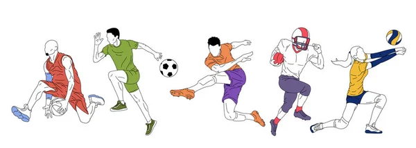 Набор Векторных Иллюстраций Люди Спортсмены Тренируются Белом Фоне Баскетбол Футбол — стоковый вектор