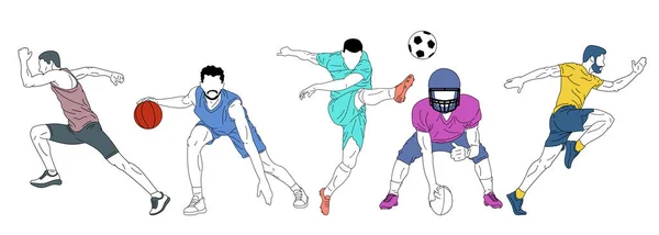 Set of vector illustrations. People, sportsmen training over white background. Basketball, football, soccer and running athletes. Concept of sport, team game, success, competition, action, motion
