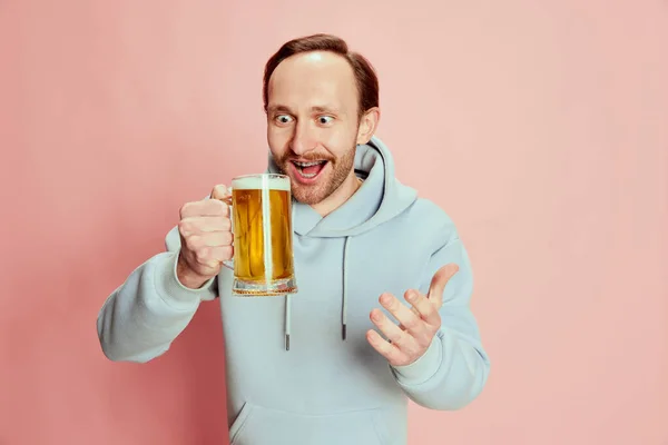 Portrait Young Man Casual Hoodie Posing Lager Foamy Beer Mug — Stock Photo, Image