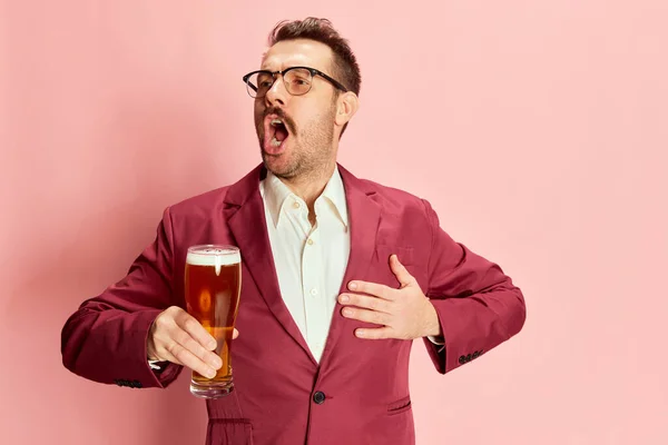 Portrait Stylish Emotive Man Suit Posing Lager Beer Mug Isolated — Stock Photo, Image
