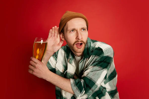 Portrait Young Man Casual Checkered Shirt Posing Beer Isolated Red — Stock Photo, Image