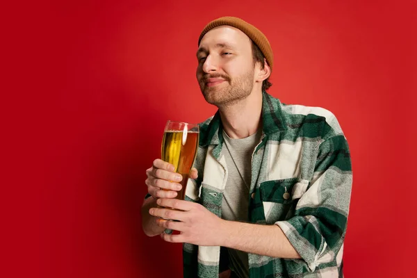 Portrait Young Man Casual Checkered Shirt Posing Beer Isolated Red — Stock Photo, Image