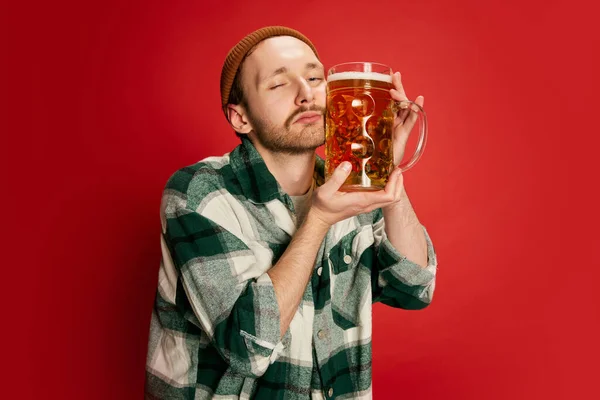 Portrait Young Man Casual Checkered Shirt Posing Lager Beer Isolated — Stock Photo, Image
