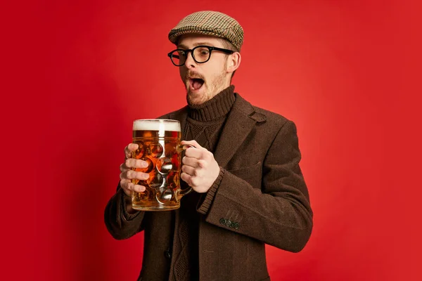 Stylish Man Classical Clothes Posing Glass Foamy Lager Beer Isolated — Stock Photo, Image