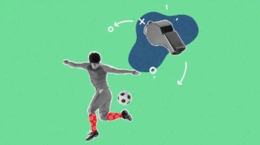 Hareket etmeyi, animasyonu durdurun. Profesyonel erkek futbolcu yeşil arka planda topa vuruyor. Antrenman. Spor, yaratıcılık, başarılar, medya, bahis, haber, reklam ve teknoloji kavramı
