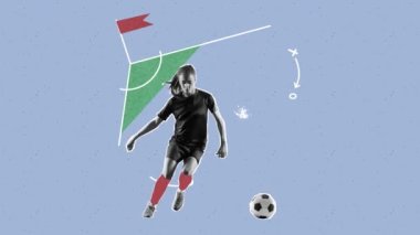 Hareket etmeyi, animasyonu durdurun. Enerjik bayan futbolcu çizimler ve çizimlerle arka planda futbol oynuyor. Spor, başarılar, medya, bahis, haber, reklam ve teknoloji konsepti