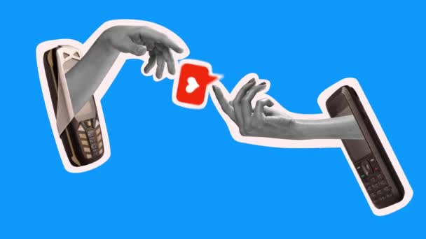 Stoppa Rörelse Animation Händerna Sticker Retro Telefonskärm Och Utbyta Sociala — Stockvideo