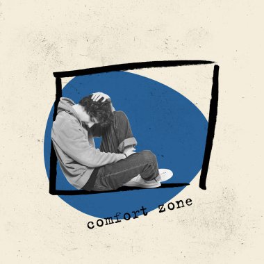 Çağdaş sanat kolajı. Kavramsal tasarım. Psikolojik dengesizlik, depresyon ve depresyon yaşayan genç bir adam. Psikoloji kavramı, iç dünya, akıl sağlığı, konfor bölgesi