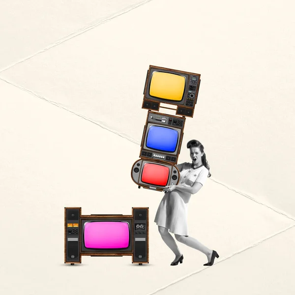 Collage Arte Contemporanea Elegante Giovane Donna Che Trasporta Molti Televisori — Foto Stock