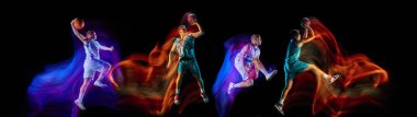 Kolaj. İki aktif adam, üniformalı basketbol oyuncuları, Neon karışık ışıklarıyla karanlık stüdyo arka planında izole bir şekilde oynuyorlar. Spor, hareket, güç, sağlıklı yaşam tarzı, profesyonel