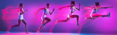 Kolaj. Hareketlerin gelişimi. Genç bir kız, profesyonel sporcu eğitimi, Mor stüdyo arka planında neon ışıkta tek başına koşuyor. Spor, enerji ve dinamik, sağlıklı yaşam tarzı kavramı.