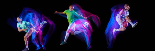 Collage. Sportive men, tennis, football and basketball athletes training, playing isolated over black background in neon with mixed lights. Concept of sport, fitness, motion, action , team game.