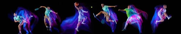 Collage. Tennis, football and basketball athletes training, playing isolated over black background in neon with mixed lights. Development of movements. Concept of sport, fitness, motion, action , team
