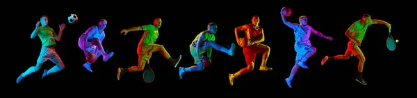 Collage. Sportive men, tennis, football and basketball athletes training, playing isolated over black background in neon. Championship. Concept of sport, fitness, motion, action , team game.