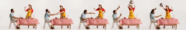 Collage Porträt Eines Jungen Emotionalen Paares Das Sich Beim Frühstück — Stockfoto