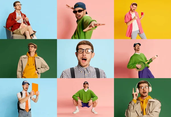 Collage Porträtt Ung Man Olika Kläder Poserar Över Flerfärgad Bakgrund — Stockfoto