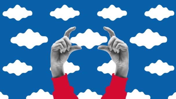 動くなアニメーション 描かれた空の背景に小さな雲を保持する人間の手 選択肢を選ぶ マーケティング部門 シュールレアリズム 創造性 レトロなスタイルの概念 — ストック動画