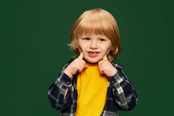 Portrait Cute Little Boy Child Casual Comfortable Clothes Posing Green — Stock Photo, Image