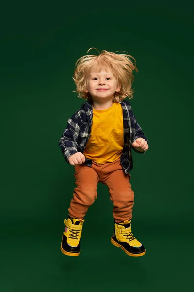 Full Length Portrait Cute Little Boy Child Stylish Clothes Posing — Stock Photo, Image