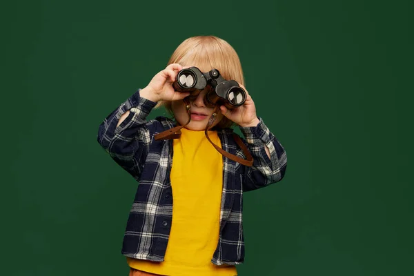 Portrait Little Boy Child Posing Looking Binoculars Green Studio Background — Stock Photo, Image