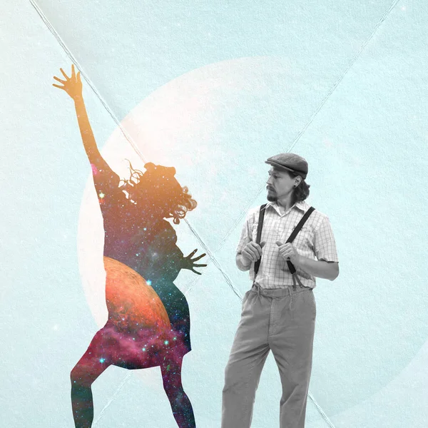 Contemporary art collage. Man in vintage clothes looking at silhouette of active woman dancing. Freedom. Concept of creativity, surrealism, imagination, relationship, inspiration, retro style