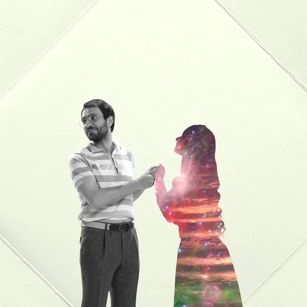 Contemporary Art Collage Lovely Couple Man Standing Female Silhouette Tender — Stock Photo, Image