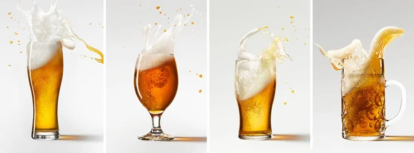 Colagem Canecas Com Cerveja Espumosa Fresca Fresca Sobre Fundo Cinzento — Fotografia de Stock