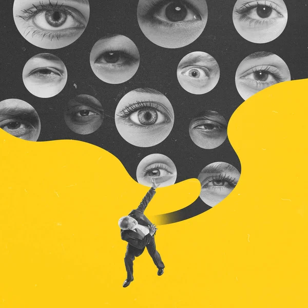 stock image Contemporary art collage. Conceptual image. Senior man escaping many eyes looking. Obsessive thoughts. Social opinion. Concept of inner world, social influence, psychology, diversity. Surrealism.