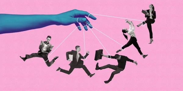 Contemporary Art Collage Hand Holding Employees Strings Controlling Professional Working — Stock Photo, Image