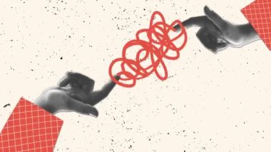 Hareket etmeyi, animasyonu durdurun. Işık arkaplanının üzerinde birbirine dolanmış bir iple bağlanmış insan elleri. İşbirliği. İnsan ilişkileri, toplum, sembolizm, sürrealizm kavramı. Modern tasarım