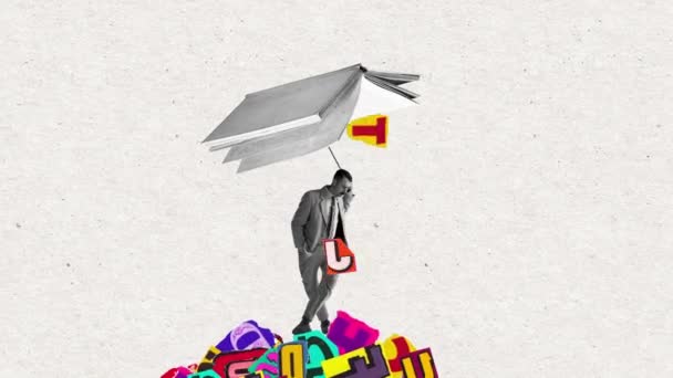 애니메이션 콜라주와 남자가 가벼운 우산을 있습니다 교육의 지식의 심리학 — 비디오