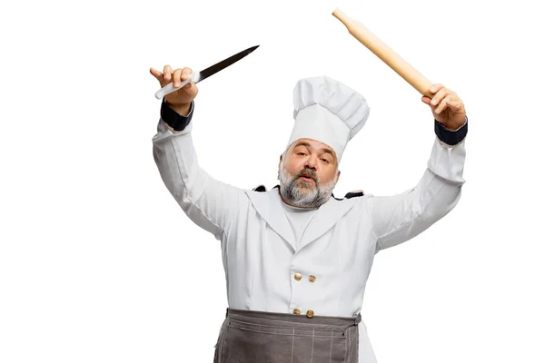 Portrait Homme Barbu Chef Restaurant Uniforme Posant Avec Des Outils — Photo