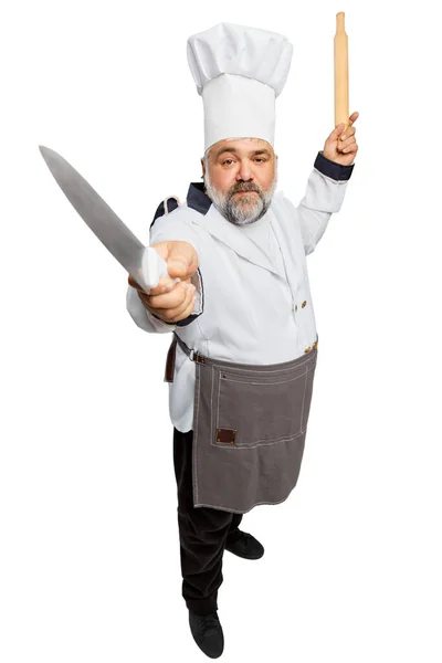 Portrait Homme Barbu Chef Restaurant Uniforme Posant Avec Des Outils — Photo