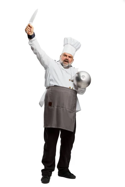 Retrato Homem Barbudo Chef Restaurante Uniforme Posando Com Faca Tigela — Fotografia de Stock