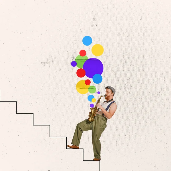 Modern minimal design. Man playing saxophone and walking drawn stairs. Love melody. Conceptual contemporary art collage. Retro styled, surrealism. Concept of music, inspiration, creativity.