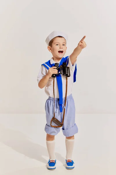 Portrait Little Boy Child Image Seaman Vest Posing Binoculars Grey — Stock Photo, Image