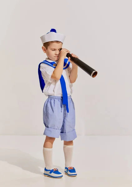 Portrait Little Boy Child Image Seaman Vest Posing Spyglass Grey — Stock Photo, Image