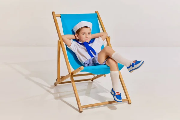 Portrait Little Boy Child Image Seaman Vest Posing Sitting Chair — Stock Photo, Image
